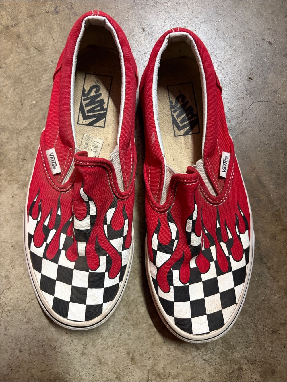 Vans Kids Red Checkerboard Slip-On Sneakers with Flame Graphic